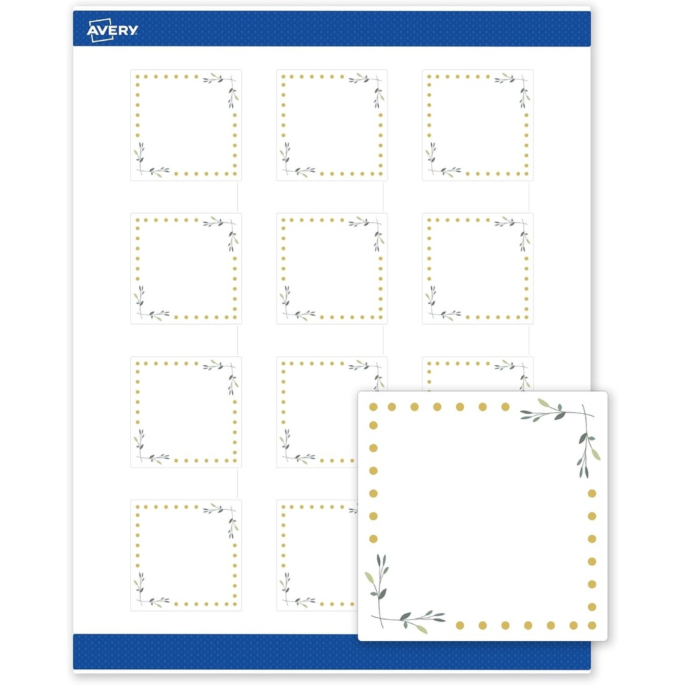image:imageAvery Printable Square Labels Gold amp Navy Border Florals 2 x 2 Matte White Square Labels Permanent LaserInkjet 120ct Great for Product MerchandisingGreen Florals With Gold Dots