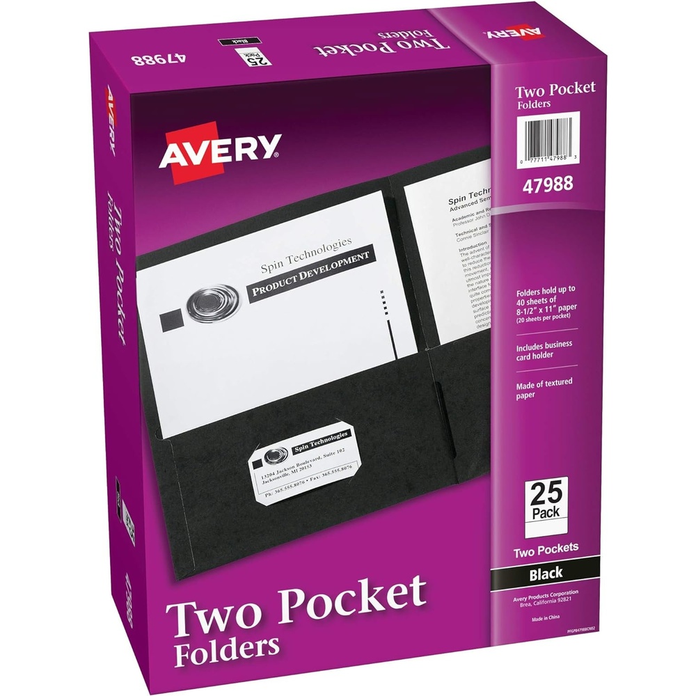 image:imageAvery Two Pocket Folders Holds up to 40 Sheets Business Card Slot 25 Black Folders 4798840 folders
