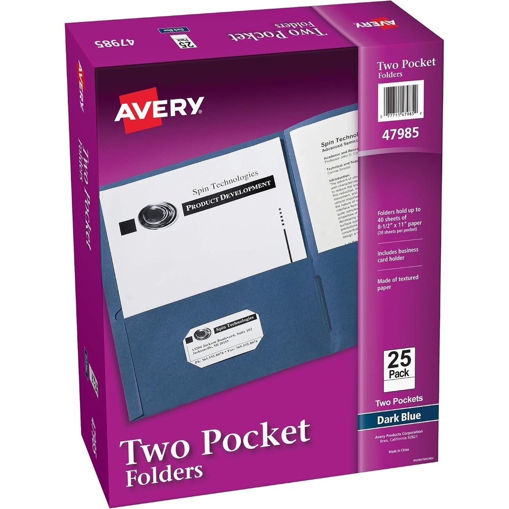 image:imageAvery Two Pocket Folders Holds up to 40 Sheets Business Card Slot Ideal for Portfolios Presentations and School Dark Blue Box of 25 4798540 folders