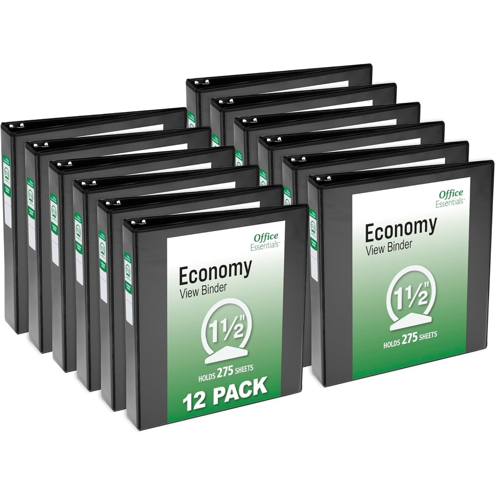 image:imageOffice Essentials Economy View 3 Ring Binders 05 Round Rings 07 Spine 100Sheet Capacity Black Binders 12Pack of 0342315