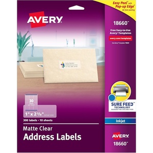 Avery 18660 Matte Clear Easy Peel Address Labels, Inkjet, 1 X 2 5/8, 300/Pack
