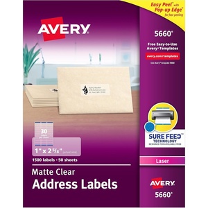 Avery 5660 Laser Labels, Address, 1-Inch x2-5/8-Inch, 1500/BX, Matte Clear