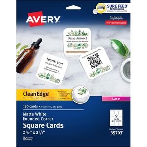 Avery Clean Edge Printable Square Cards with Sure Feed Technology, Rounded Corners, 2.5″ x 2.5″, White, 180 Blank Cards for Laser Printers (35703)