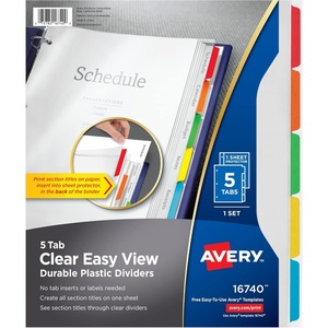 Avery Clear Easy View Durable Plastic Dividers for 3 Ring Binders, 5-Tab Set, Bright Multicolor, 1 Set (16740)(5 Tab)