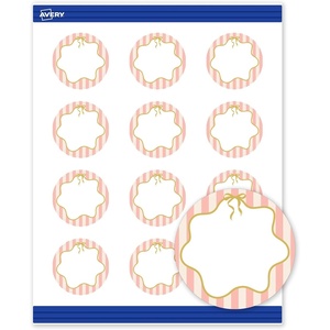 Avery Printable Round Cards, Sure Feed Technology, 2″ Diameter, Matte White with Blue Border Gold Dots Design, Laser & Inkjet Compatible, 120 Total, Great for Branding, Weddings, and More(Pink Stripes with Metallic Gold Bow)