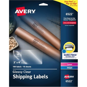Avery Printable Shipping Labels, Sure Feed Technology, 2″ x 4″, Glossy Crystal Clear, 100 Blank Mailing Labels (6522)(500 labels)