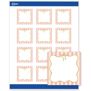 Avery Printable Square Labels, Gold & Navy Border, Florals, 2″ x 2″, Matte White Square Labels, Permanent, Laser/Inkjet, 120ct, Great for Product Merchandising(Pink Stripes With Metallic Gold Bow)