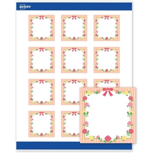 Avery Printable Square Labels, Gold & Navy Border, Florals, 2″ x 2″, Matte White Square Labels, Permanent, Laser/Inkjet, 120ct, Great for Product Merchandising(Gold Frame W/ Ribbon  Roses & Stripes)