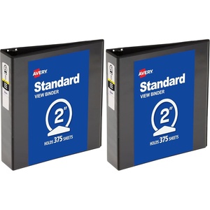 Avery Standard View 3 Ring Binder, 2″ Round Rings, 375-Sheet Capacity, 2.8 Inch Wide Spine, 1 Black Binder, Ideal for Lightweight Organization and Occasional Referencing (05730)(2″ (Pack of 2))