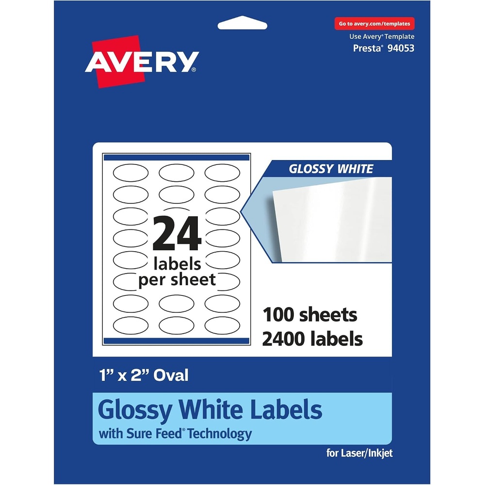 image:imageAvery Glossy White Oval Labels Sure Feed Technology 1 x 2 240 Glossy White Labels PrinttoTheEdge Permanent Adhesive LaserInkjet Printable2 400 labels