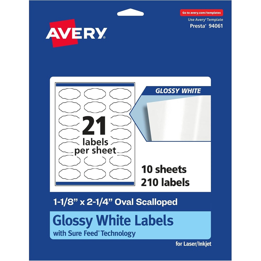 image:imageAvery Glossy White Oval Scalloped Labels Sure Feed Technology 118 x 214 210 Glossy White Labels PrinttoTheEdge Permanent Adhesive LaserInkjet Printable210 labels