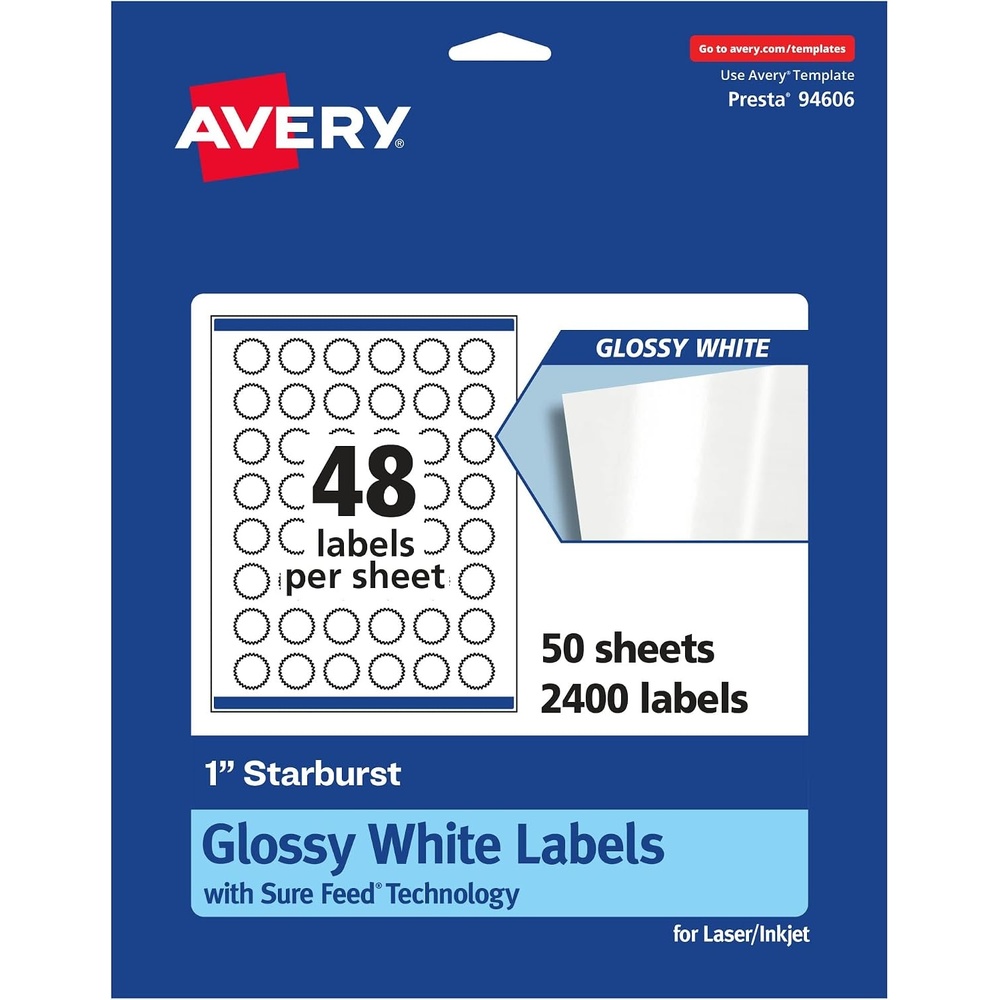 image:imageAvery Glossy White Starburst Labels Sure Feed Technology 1 480 Glossy White Labels PrinttoTheEdge Permanent Adhesive LaserInkjet Printable2 400 labels