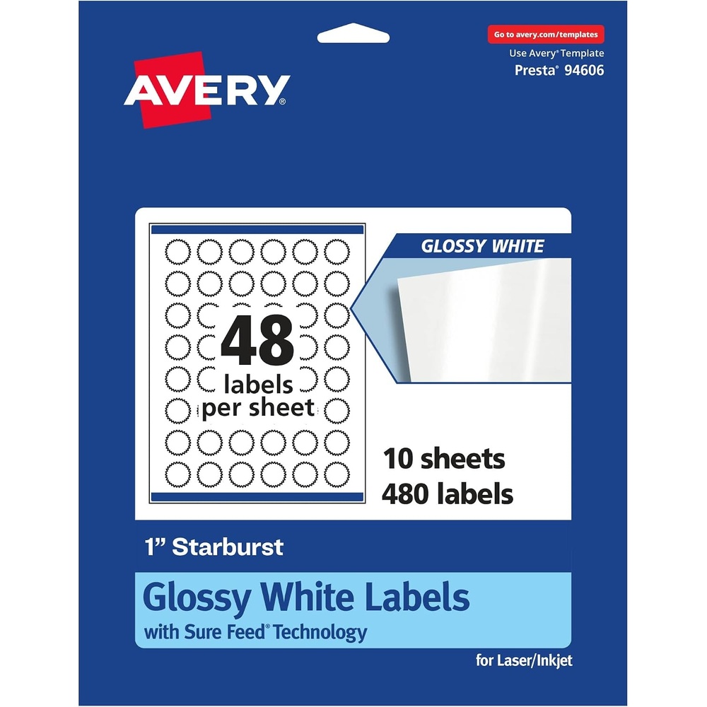 image:imageAvery Glossy White Starburst Labels Sure Feed Technology 1 480 Glossy White Labels PrinttoTheEdge Permanent Adhesive LaserInkjet Printable480 labels
