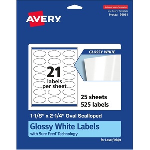 Avery® Glossy White Oval Scalloped Labels, Sure Feed® Technology, 1-1/8″ x 2-1/4″, 210 Glossy White Labels, Print-to-The-Edge, Permanent Adhesive, Laser/Inkjet Printable(525 labels)