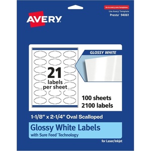 Avery® Glossy White Oval Scalloped Labels, Sure Feed® Technology, 1-1/8″ x 2-1/4″, 210 Glossy White Labels, Print-to-The-Edge, Permanent Adhesive, Laser/Inkjet Printable(2 100 labels)