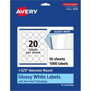 Avery® Glossy White Round Labels, Sure Feed® Technology, 1-2/3″ Diameter, 2,000 Glossy White Labels, Print-to-The-Edge, Permanent Adhesive, Laser/Inkjet Printable(1 000 labels)