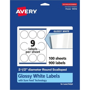 Avery® Glossy White Round Scalloped Labels, Sure Feed® Technology, 2.5″ Diameter, 90 Glossy White Labels, Print-to-The-Edge, Permanent Adhesive, Laser/Inkjet Printable(900 labels)