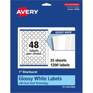 Avery® Glossy White Starburst Labels, Sure Feed® Technology, 1″, 480 Glossy White Labels, Print-to-The-Edge, Permanent Adhesive, Laser/Inkjet Printable(1 200 labels)