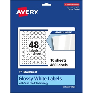 Avery® Glossy White Starburst Labels, Sure Feed® Technology, 1″, 480 Glossy White Labels, Print-to-The-Edge, Permanent Adhesive, Laser/Inkjet Printable(480 labels)