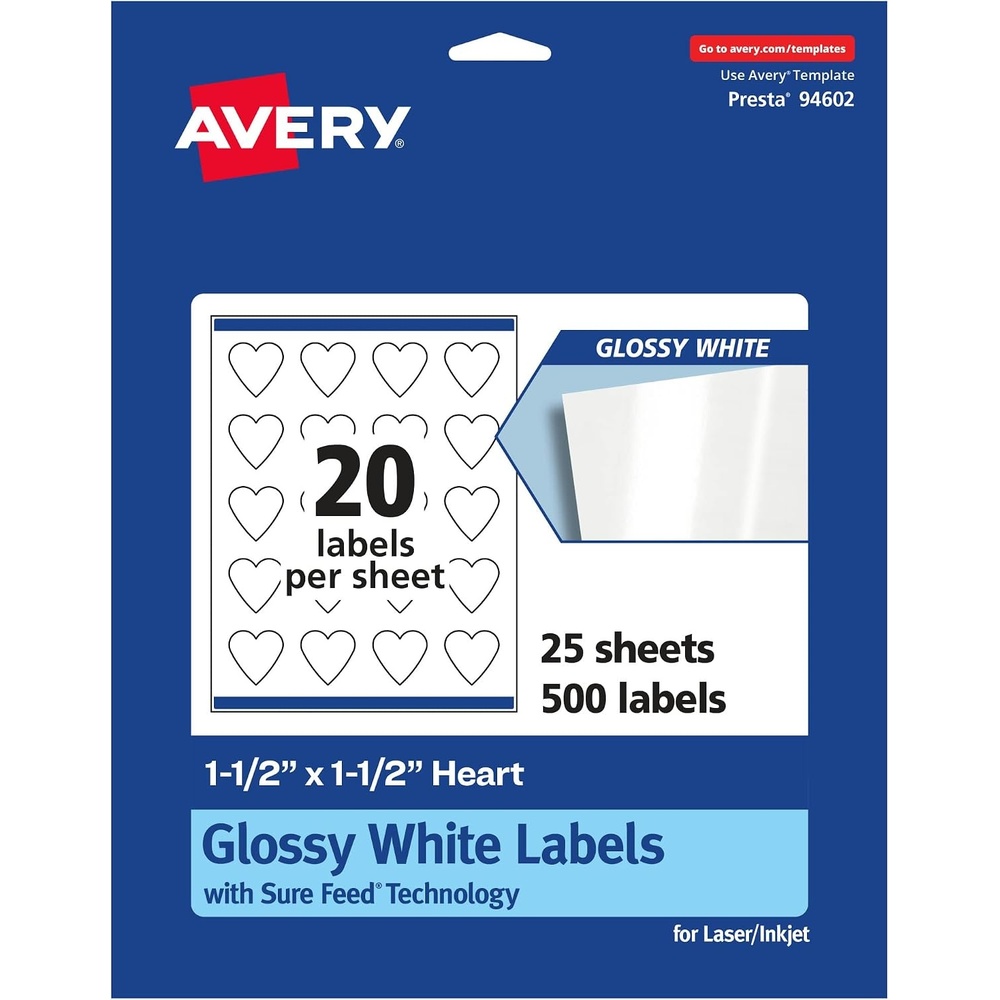 image:imageAvery Glossy White Heart Labels Sure Feed Technology 15 x 15 200 Glossy White Labels PrinttoTheEdge Permanent Adhesive LaserInkjet Printable500 labels