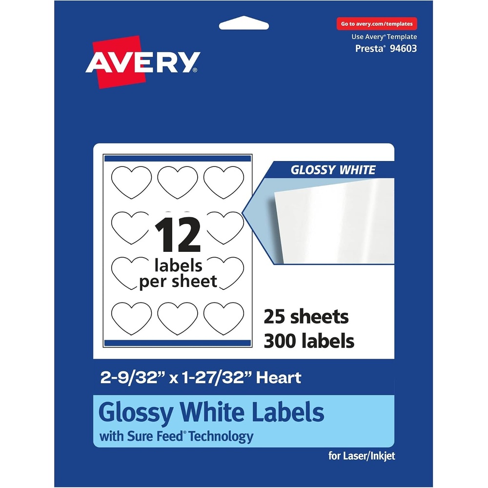 image:imageAvery Glossy White Heart Labels Sure Feed Technology 2932 x 12732 120 Glossy White Labels PrinttoTheEdge Permanent Adhesive LaserInkjet Printable300 labels