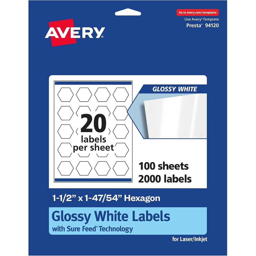 image:imageAvery Glossy White Hexagon Labels Sure Feed Technology 112 x 14754 200 Glossy White Labels PrinttoTheEdge Permanent Adhesive LaserInkjet Printable2 000 labels