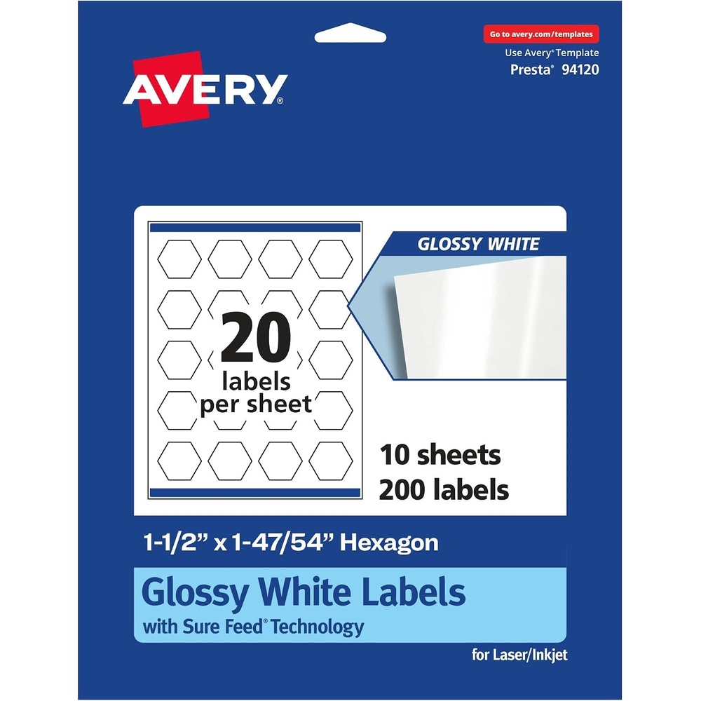 image:imageAvery Glossy White Hexagon Labels Sure Feed Technology 112 x 14754 200 Glossy White Labels PrinttoTheEdge Permanent Adhesive LaserInkjet Printable200 labels