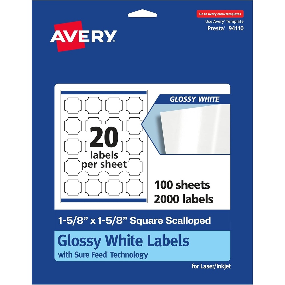 image:imageAvery Glossy White Square Scalloped Labels Sure Feed Technology 158 x 158 200 Glossy White Labels PrinttoTheEdge Permanent Adhesive LaserInkjet Printable2 000 labels