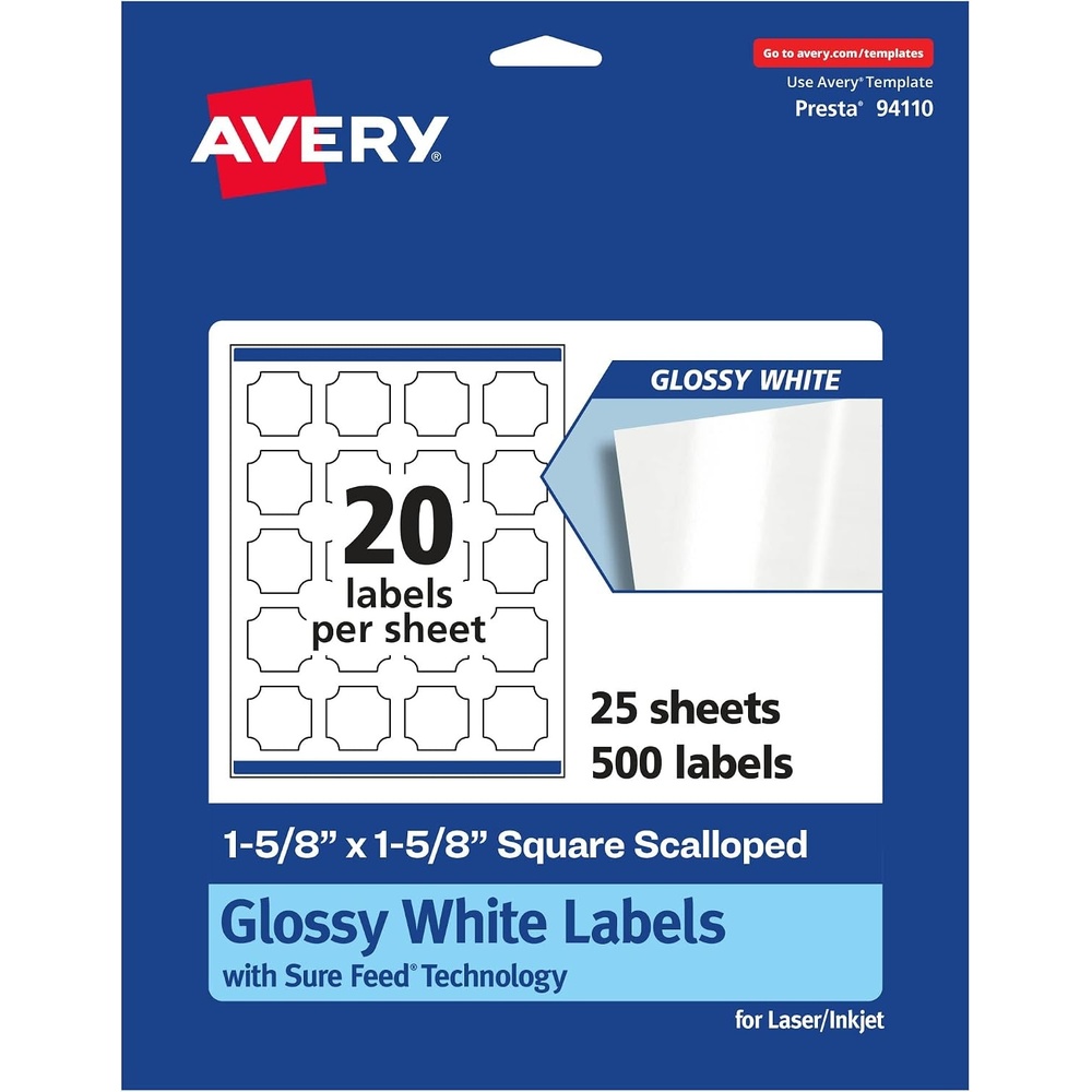 image:imageAvery Glossy White Square Scalloped Labels Sure Feed Technology 158 x 158 200 Glossy White Labels PrinttoTheEdge Permanent Adhesive LaserInkjet Printable500 labels