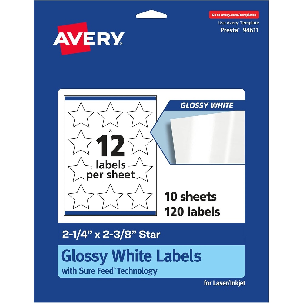 image:imageAvery Glossy White Star Labels Sure Feed Technology 214 x 238 300 Glossy White Labels PrinttoTheEdge Permanent Adhesive LaserInkjet Printable120 labels