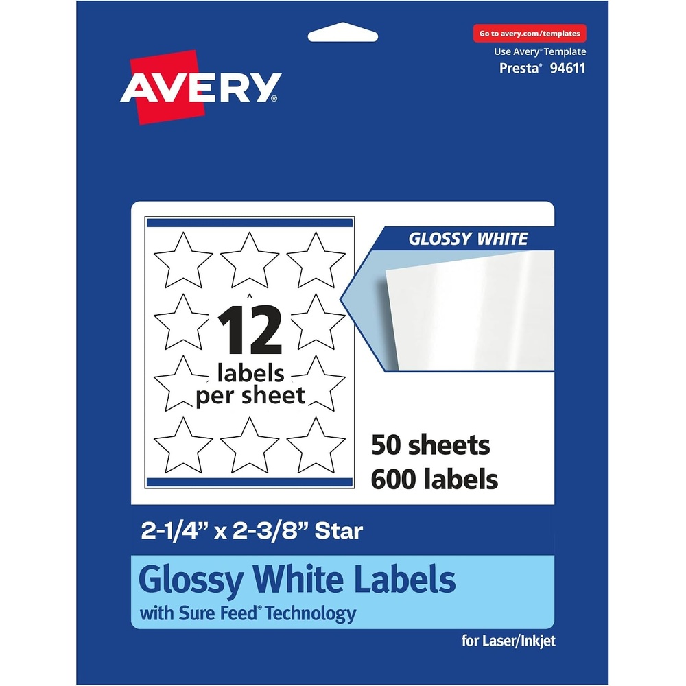 image:imageAvery Glossy White Star Labels Sure Feed Technology 214 x 238 300 Glossy White Labels PrinttoTheEdge Permanent Adhesive LaserInkjet Printable600 labels