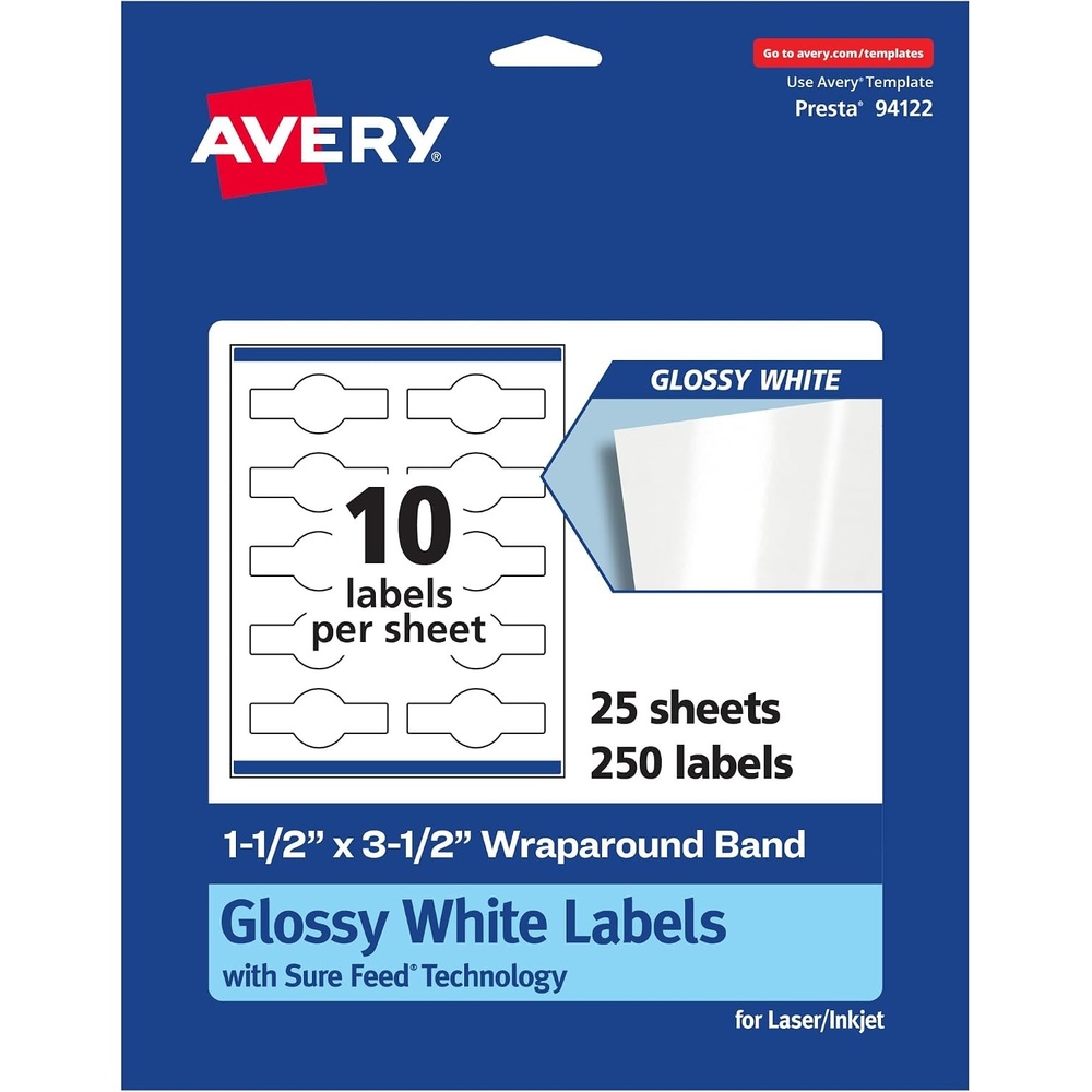image:imageAvery Glossy White Wraparound Band Labels Sure Feed Technology 15 x 35 100 Glossy White Labels PrinttotheEdge Permanent Label Adhesive LaserInkjet Printable Labels250 labels