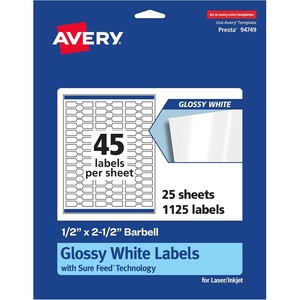 Avery® Glossy White Barbell Labels, Sure Feed® Technology, 0.5″ x 2.5″, 450 Glossy White Labels, Permanent Adhesive, Laser/Inkjet Printable(1 125 labels)