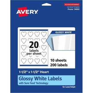 Avery® Glossy White Heart Labels, Sure Feed® Technology, 1.5″ x 1.5″, 200 Glossy White Labels, Print-to-The-Edge, Permanent Adhesive, Laser/Inkjet Printable(200 labels)