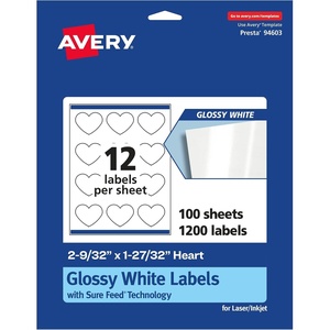 Avery® Glossy White Heart Labels, Sure Feed® Technology, 2-9/32″ x 1-27/32″, 120 Glossy White Labels, Print-to-The-Edge, Permanent Adhesive, Laser/Inkjet Printable(1 200 labels)