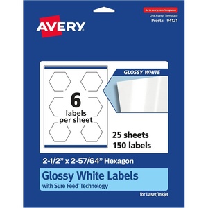 Avery Glossy White Hexagon Labels, Sure Feed Technology, 2-1/2″ x 2-57/64″, 60 Glossy White Labels, Print-To-The-Edge, Permanent Adhesive, Laser/Inkjet Printable(150 labels)
