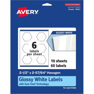 Avery Glossy White Hexagon Labels, Sure Feed Technology, 2-1/2″ x 2-57/64″, 60 Glossy White Labels, Print-To-The-Edge, Permanent Adhesive, Laser/Inkjet Printable(60 labels)