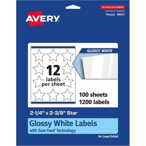 Avery® Glossy White Star Labels, Sure Feed® Technology, 2-1/4″ x 2-3/8″, 300 Glossy White Labels, Print-to-The-Edge, Permanent Adhesive, Laser/Inkjet Printable(1 200 labels)