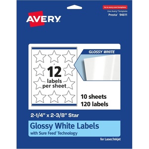 Avery® Glossy White Star Labels, Sure Feed® Technology, 2-1/4″ x 2-3/8″, 300 Glossy White Labels, Print-to-The-Edge, Permanent Adhesive, Laser/Inkjet Printable(120 labels)