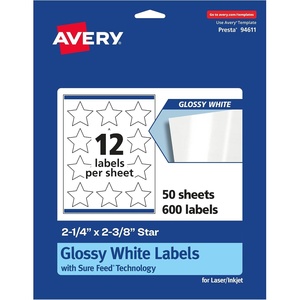 Avery® Glossy White Star Labels, Sure Feed® Technology, 2-1/4″ x 2-3/8″, 300 Glossy White Labels, Print-to-The-Edge, Permanent Adhesive, Laser/Inkjet Printable(600 labels)