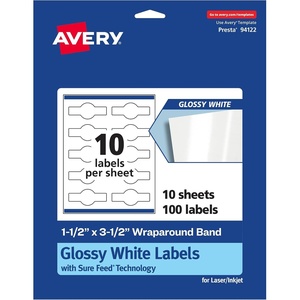 Avery® Glossy White Wraparound Band Labels, Sure Feed® Technology, 1.5″ x 3.5″, 100 Glossy White Labels, Print-to-the-Edge, Permanent Label Adhesive, Laser/Inkjet Printable Labels(100 labels)