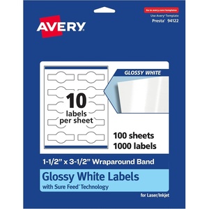 Avery® Glossy White Wraparound Band Labels, Sure Feed® Technology, 1.5″ x 3.5″, 100 Glossy White Labels, Print-to-the-Edge, Permanent Label Adhesive, Laser/Inkjet Printable Labels(1 000 labels)