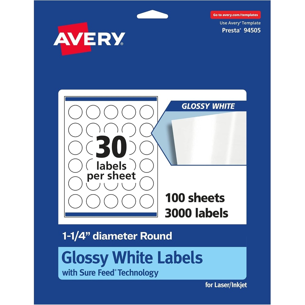 image:imageAvery Glossy White Round Labels Sure Feed Technology 125 Diameter 300 Glossy White Labels PrinttoTheEdge Permanent Adhesive LaserInkjet Printable3 000 labels
