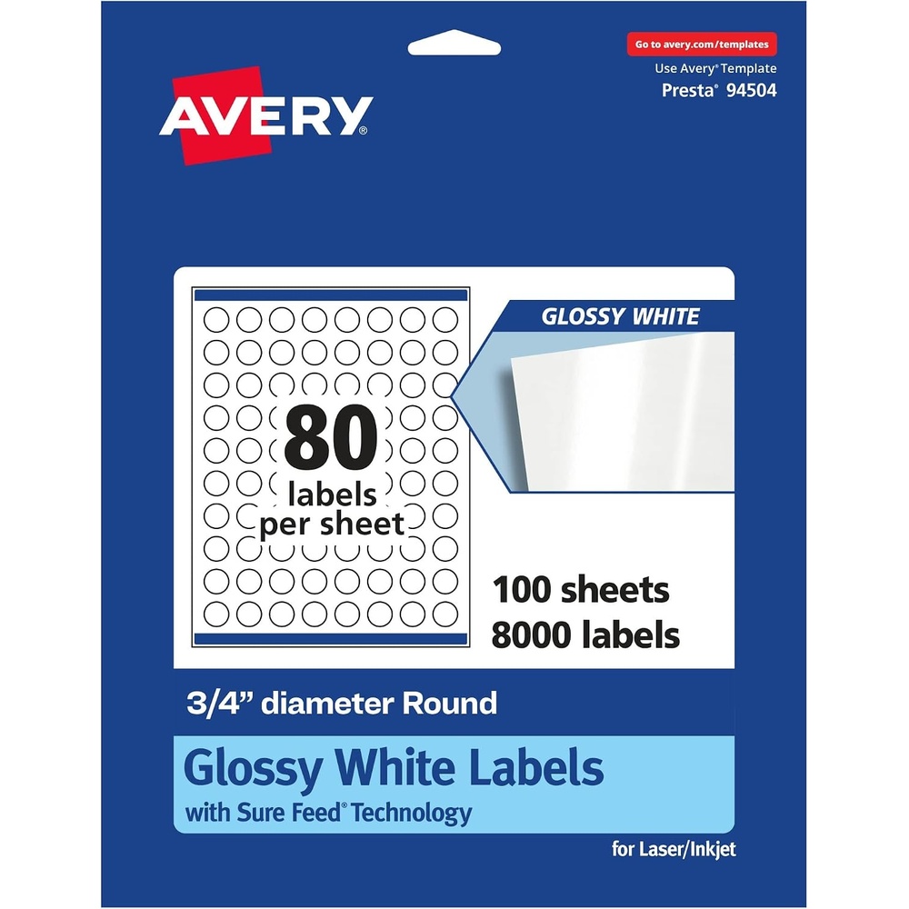 image:imageAvery Glossy White Round Labels Sure Feed Technology 34 Diameter 800 Glossy White Labels PrinttoTheEdge Permanent Adhesive LaserInkjet Printable8 000 labels