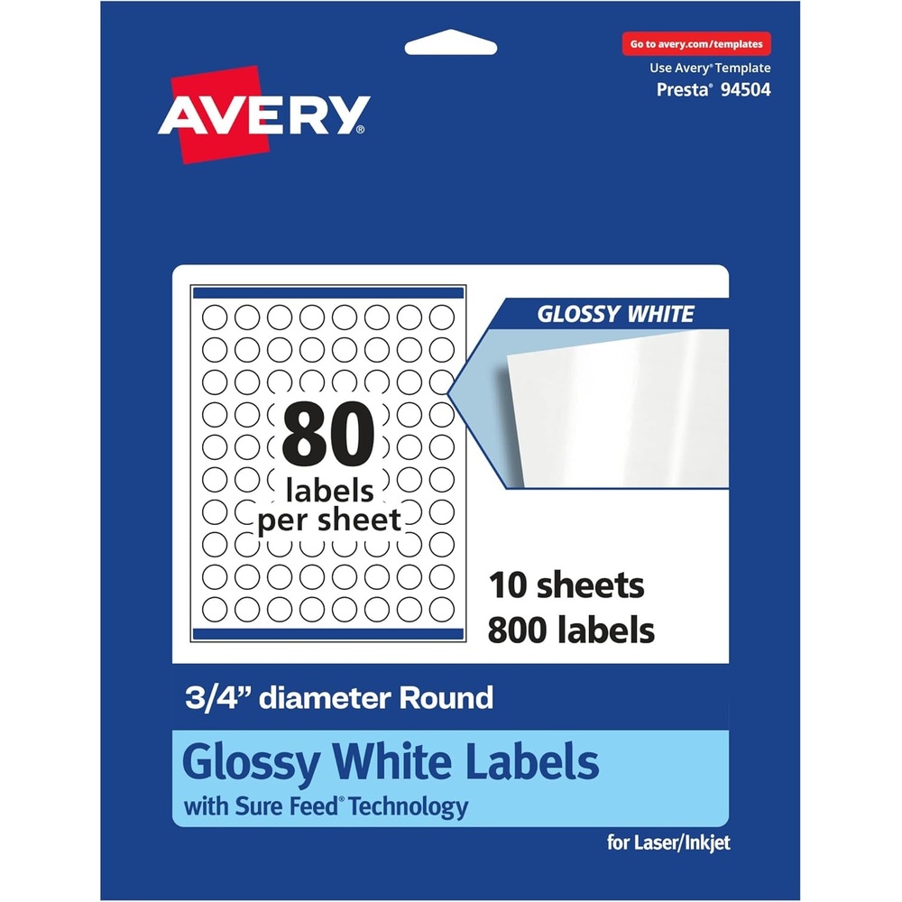 image:imageAvery Glossy White Round Labels Sure Feed Technology 34 Diameter 800 Glossy White Labels PrinttoTheEdge Permanent Adhesive LaserInkjet Printable800 labels