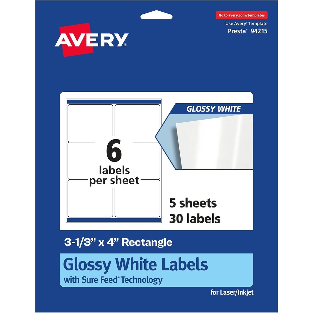 image:imageAvery Rectangle Labels Sure Feed Technology 313 x 4 30 Glossy White Labels 3647030 labels